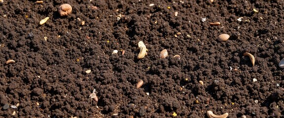 Seeds scattered on fertile soil representing new beginnings with copy space