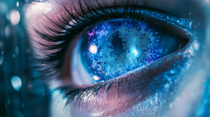 Futuristic digital eye with binary code reflections
