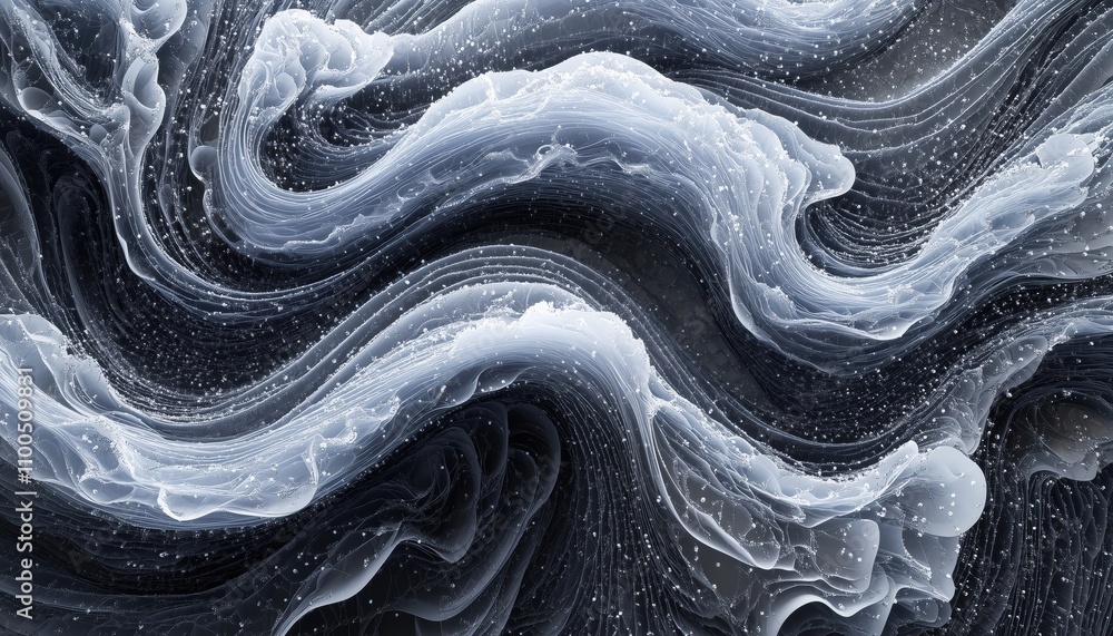 Poster 3d rendering of swirling wave particles with computer digital technology. simulation of spiraling pa