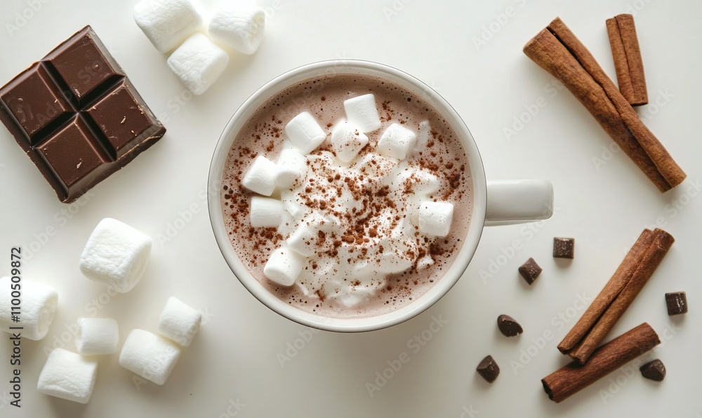 Poster a top-down view of a hot chocolate preparation with a mug of steaming cocoa whipped cream topping an