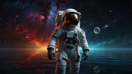 Obraz premium Astronaut on alien planet, reflecting nebula in water.