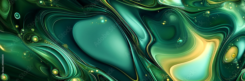 Poster Colorful abstract artwork featuring swirling green and gold patterns with smooth fluidity creating a dynamic visual experience