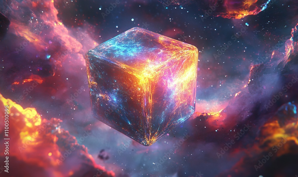 Aufkleber an abstract composition featuring a holographic cube floating in space, with shimmering, prismatic e