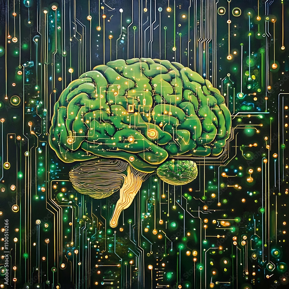 Poster neural network illustration with digital brain circuitry picture