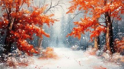 Autumn Forest Pathway with Red Trees and Snowfall, Winter Wonderland Serene Atmosphere Artistic
