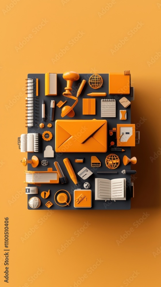 Poster educational icons and symbols cube creative workspace visual content minimalist environment top view