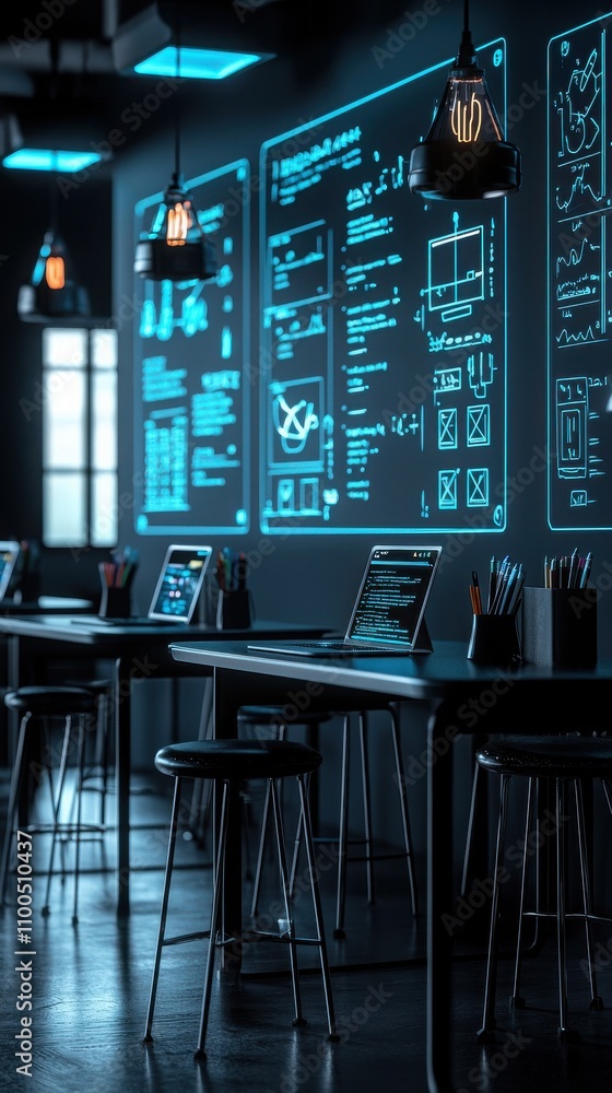 Poster innovative learning environment futuristic classroom interactive technology modern space dynamic per