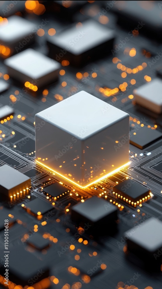 Poster futuristic glowing cube technology innovative computing environment digital art abstract visuals con