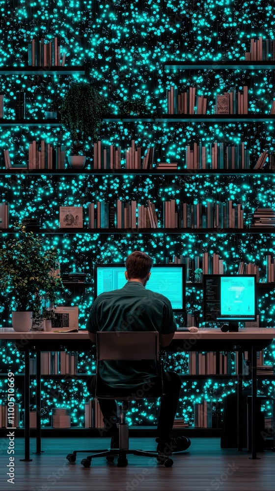 Poster innovative digital learning space featuring holographic technology modern office educational hub tec