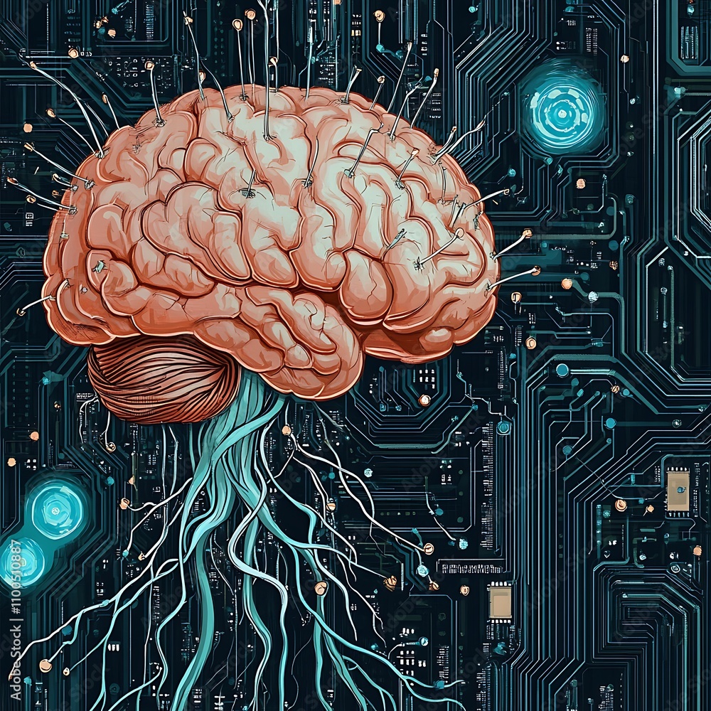 Poster brain circuitry and neural network digital illustration image