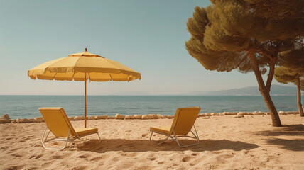 Retro style image of yellow parasol on the sandy beach	