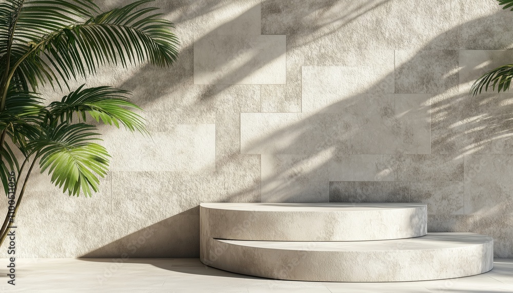 Poster 3d rendering of stone podium with plant shadow for cosmetic presentation. design mockup for product 