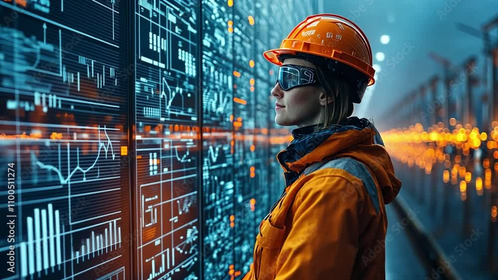 Poster worker examines data visualization in a high-tech industrial environment at dusk