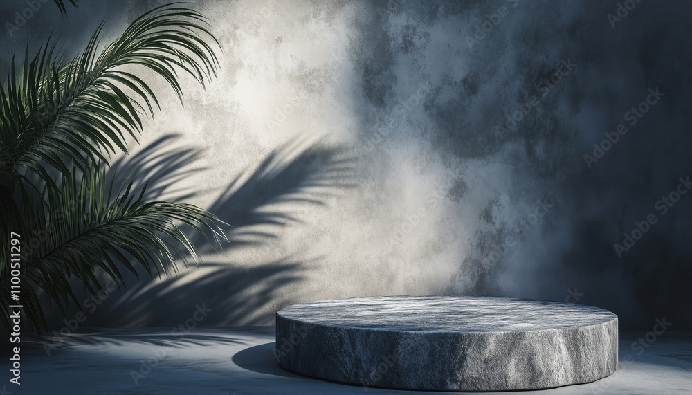 Poster 3d rendering of stone podium with plant shadow for a cosmetic presentation - a mock-up design with r