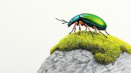 Obraz premium A sketch of a verdant insect perched atop a lush green rock, surrounded by a white expanse
