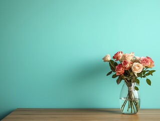 Rose bouquet in clear vase on wooden table near turquoise wall. Home decor with copy space. Interior design style. Modern minimalist home. Cozy living room decor. Simple design, fresh flowers.