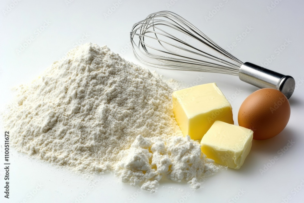 Poster Flour, eggs, butter, and a whisk are neatly arranged, creating a perfect setup for baking activities with clear space for additional text. Generative AI