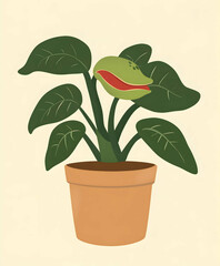 Create a minimalist illustration of the potted plant from Little Shop of Horrors The plant should have a soft charming appearance with a closed bud A subtle red line sh