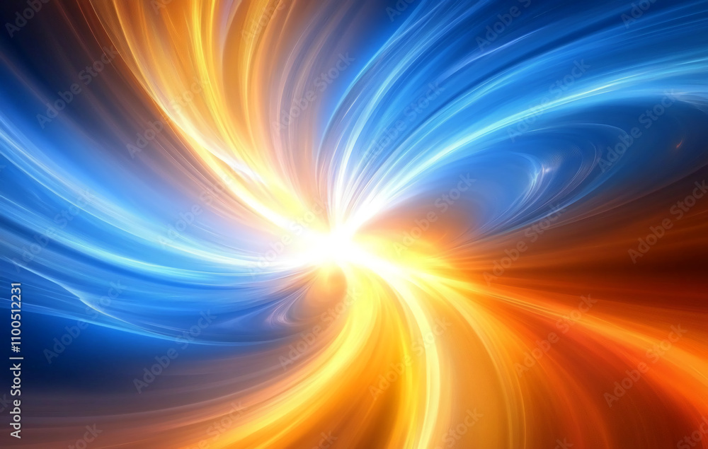 Poster bright swirling abstract design in blue and orange colors with a radiant center creates a dynamic vi