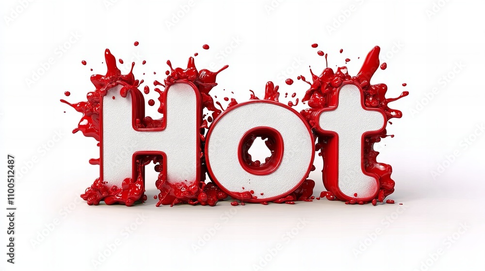 Poster the word 'hot' styled with vibrant red splashes, creating an eye-catching visual effect.