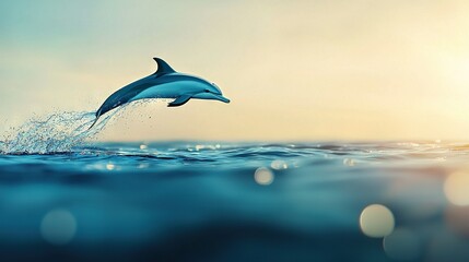 Fototapeta premium A dolphin leaping from the water against a light blue sky and a sun in the backdrop