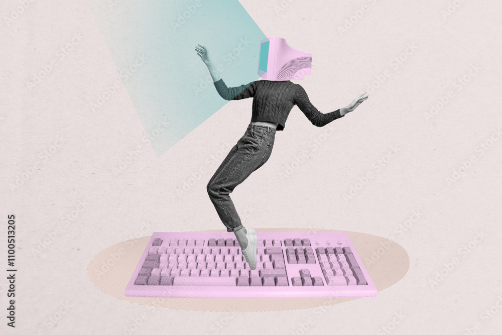 Poster composite photo collage of anonym girl sit tiptoe keypad instead head computer monitor device ai app