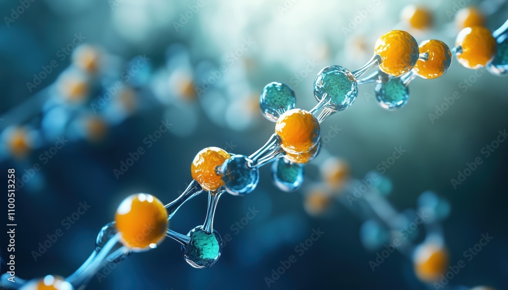 Poster 3d rendering of cells and biological chains, molecules and abstract ions in computer digital format.