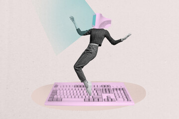Composite photo collage of anonym girl sit tiptoe keypad instead head computer monitor device ai...