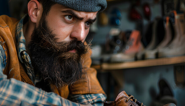 Portrait of handsome bearded shoemaker examining light brown leather shoes during restoration working. Concept of cobbler artisan repairing and restoration work in shoe repair shop