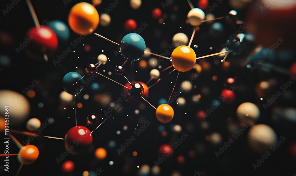 Poster abstract representation of molecules with colorful spheres and connecting rods on a dark background