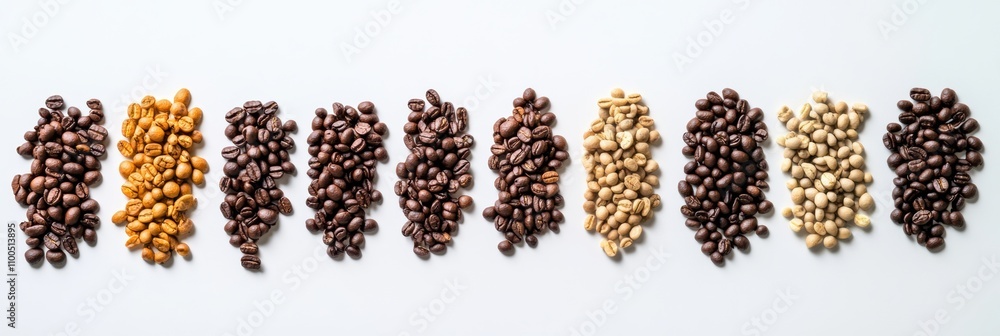 Poster various types of coffee beans are displayed on a white background, showcasing their colors and textu