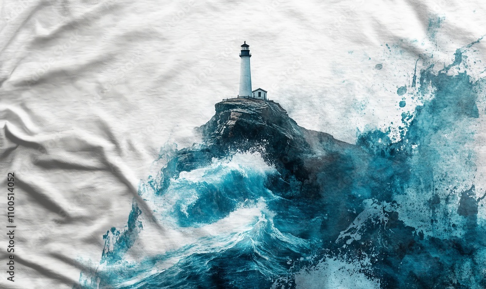 Poster a t-shirt with a creative design of a lighthouse standing tall on a cliff with waves crashing below