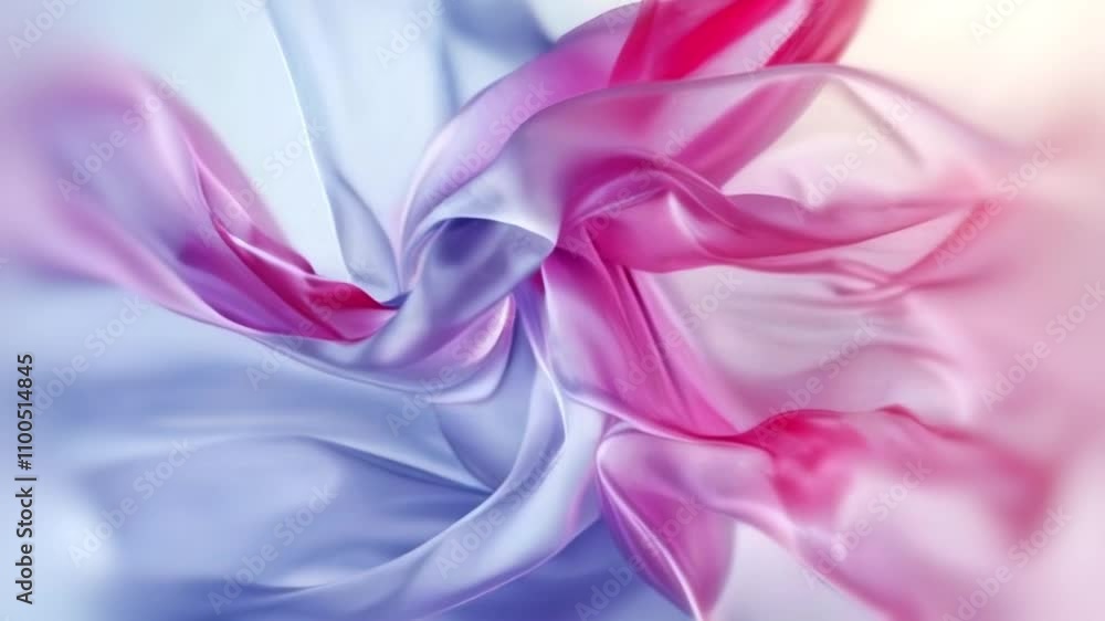 Aufkleber Abstract digital animation with translucent flowing fabric that gently bends and twists in motion. Main colors are pastel shades of pink, purple and white. Gradients and soft lighting emphasize lightn