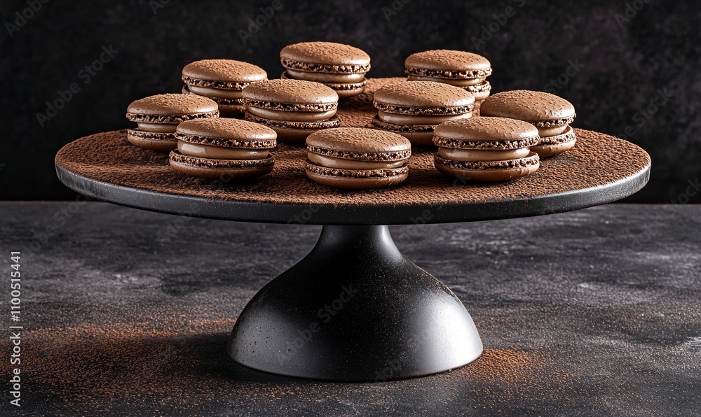 Poster an elegant display of chocolate macarons with glossy ganache filling arranged on a stylish platter w