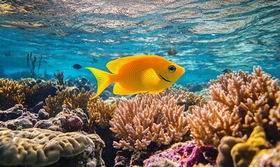 Obraz premium A vibrant yellow fish swims through colorful coral reefs in a crystal-clear ocean