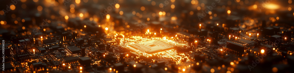 Poster a glowing microchip on a circuit board with bright, warm lights. concept of technology and digital i
