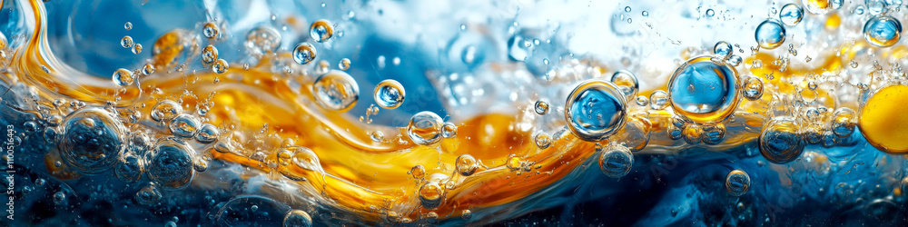 Poster bubbles of oil and water mix, creating a dynamic pattern of orange and blue. concept of fluid dynami