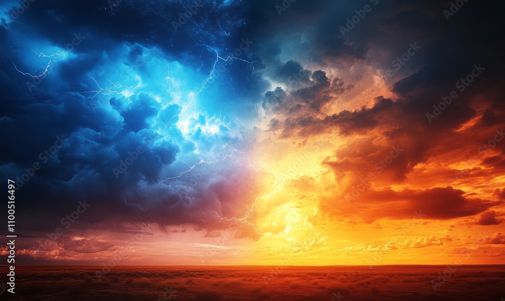 Poster dramatic view of lightning storm over vast plain with the ozone layer visible as protective barrier 