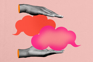 Composite photo collage of hands hold cloud speech together palms phrase conversation phrase social...