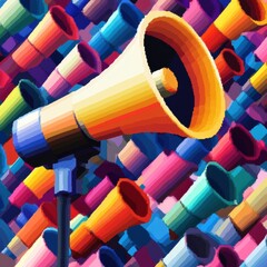 A colorful array of megaphones in a vibrant, abstract art style.