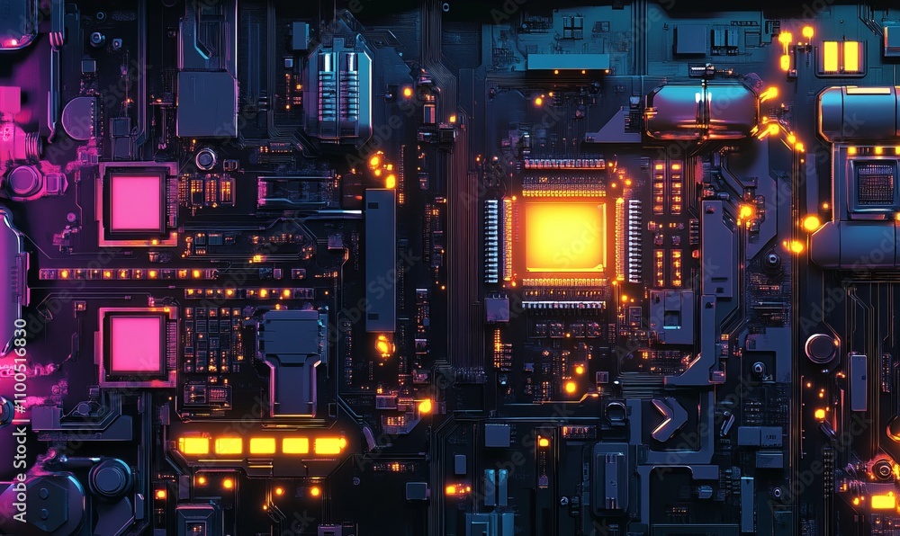 Poster a vibrant depiction of a circuit board featuring illuminated components and intricate connections, s