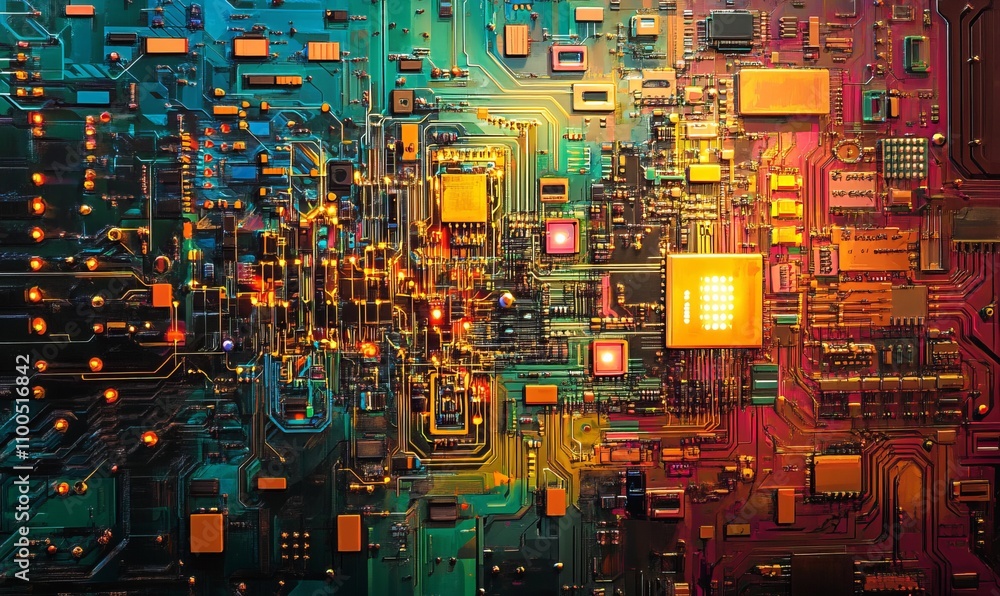 Poster a vibrant depiction of a circuit board featuring illuminated components and intricate connections, s