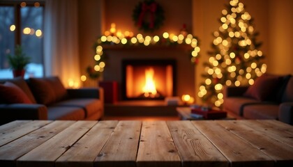 Fototapeta premium A warm living room decorated for Christmas with a glowing fireplace, festive lights, and a beautifully lit Christmas tree. Perfect setting for holiday celebrations and cozy evenings.