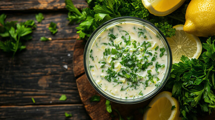 High-angle view of Caesar with a side of lemon wedges and fresh herbs, festive and vibrant presentation