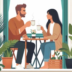 Minimalistic flat style illustration of a couple enjoying coffee on a balcony, with a clean white background. Perfect for lifestyle, relationship, and relaxation-themed designs.