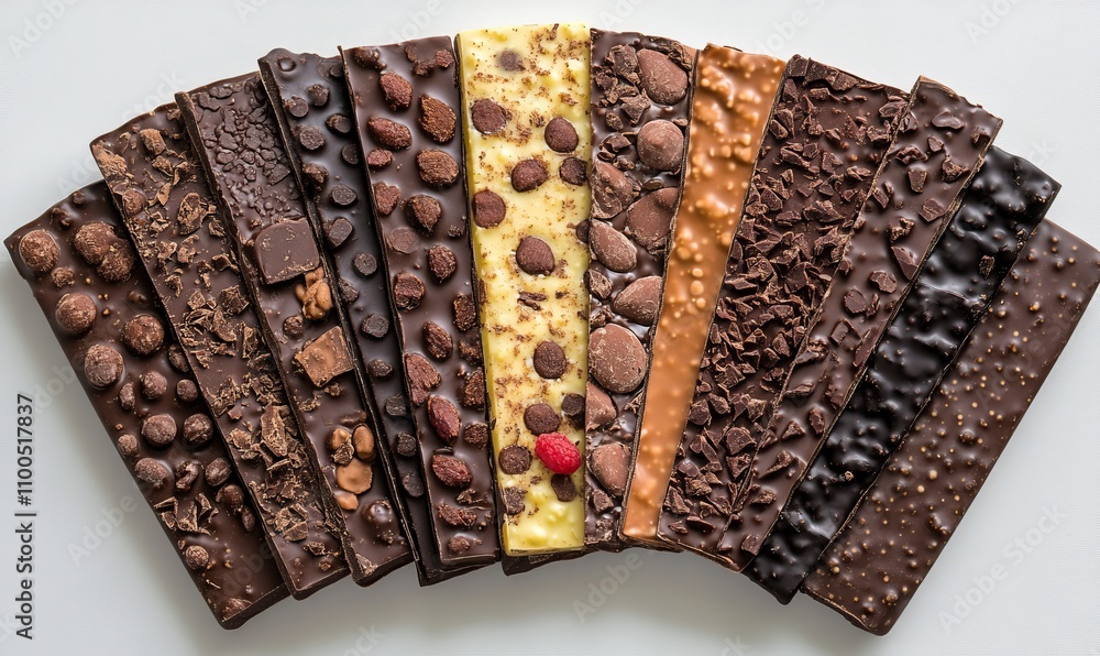 Poster an assortment of chocolate bars with different flavors and textures displayed in a fan-like arrangem