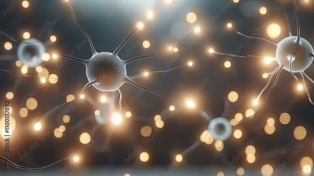 Poster detailed rendering of brain cells and neurons showcases complex textures and reflections, creating a