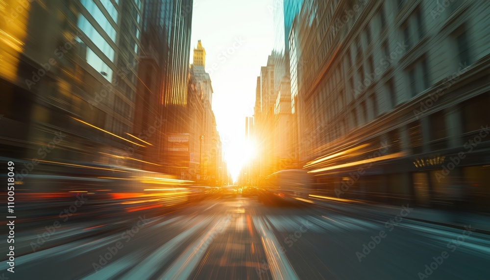 Poster abstract cityscape with blurred sunlight and beautiful lighting effects in morning bokeh motion focu