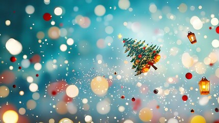   A small Christmas tree sits atop a table, beside a glowing lantern and another Christmas tree