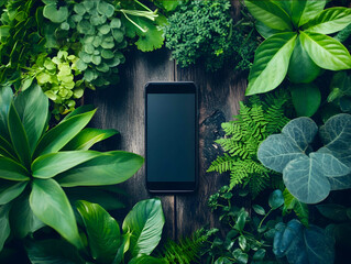 smartphone on table many green plants around